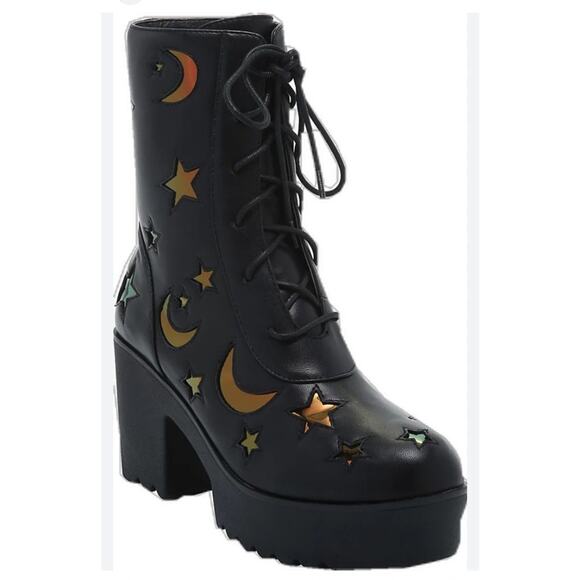 Iridescent Celestial Platform Whimsical Gothic Combat Chunky Platform Boots Sz 8 - Picture 1 of 10